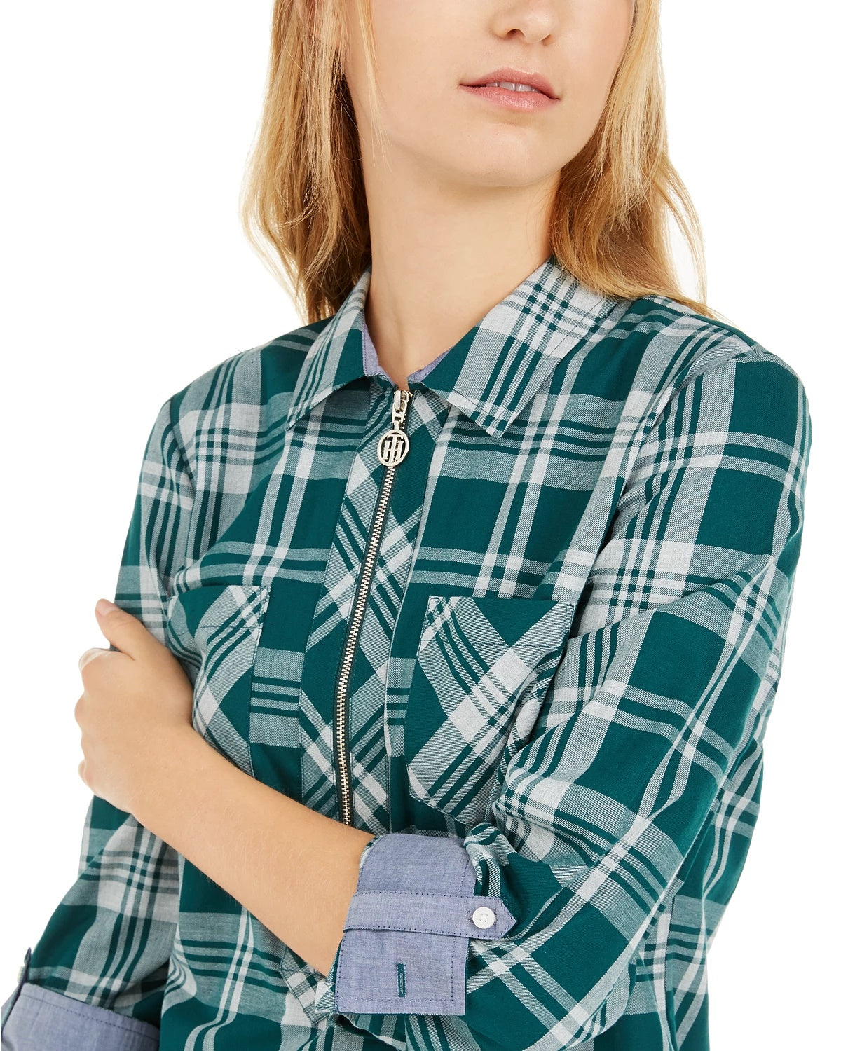 Tommy Hilfiger Top feminino de algodão xadrez popover verde tamanho XS