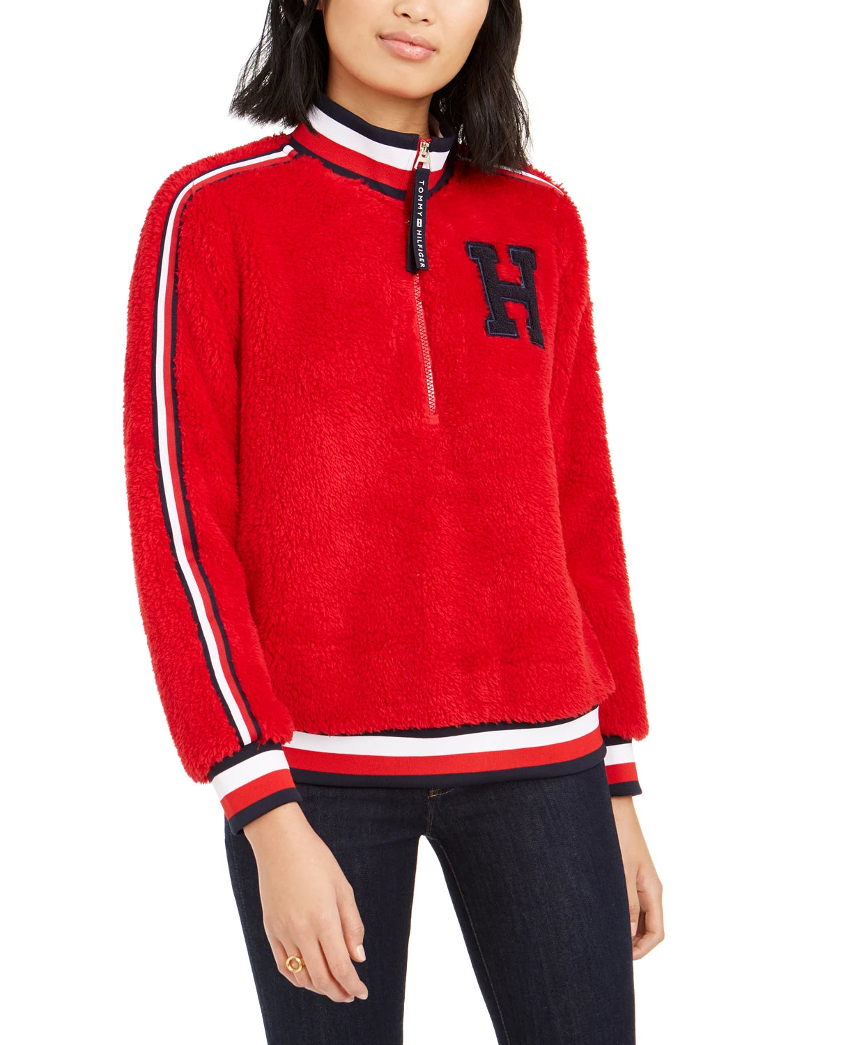 Tommy Hilfiger Moletom Sherpa Listrado Feminino Vermelho Tamanho X-G