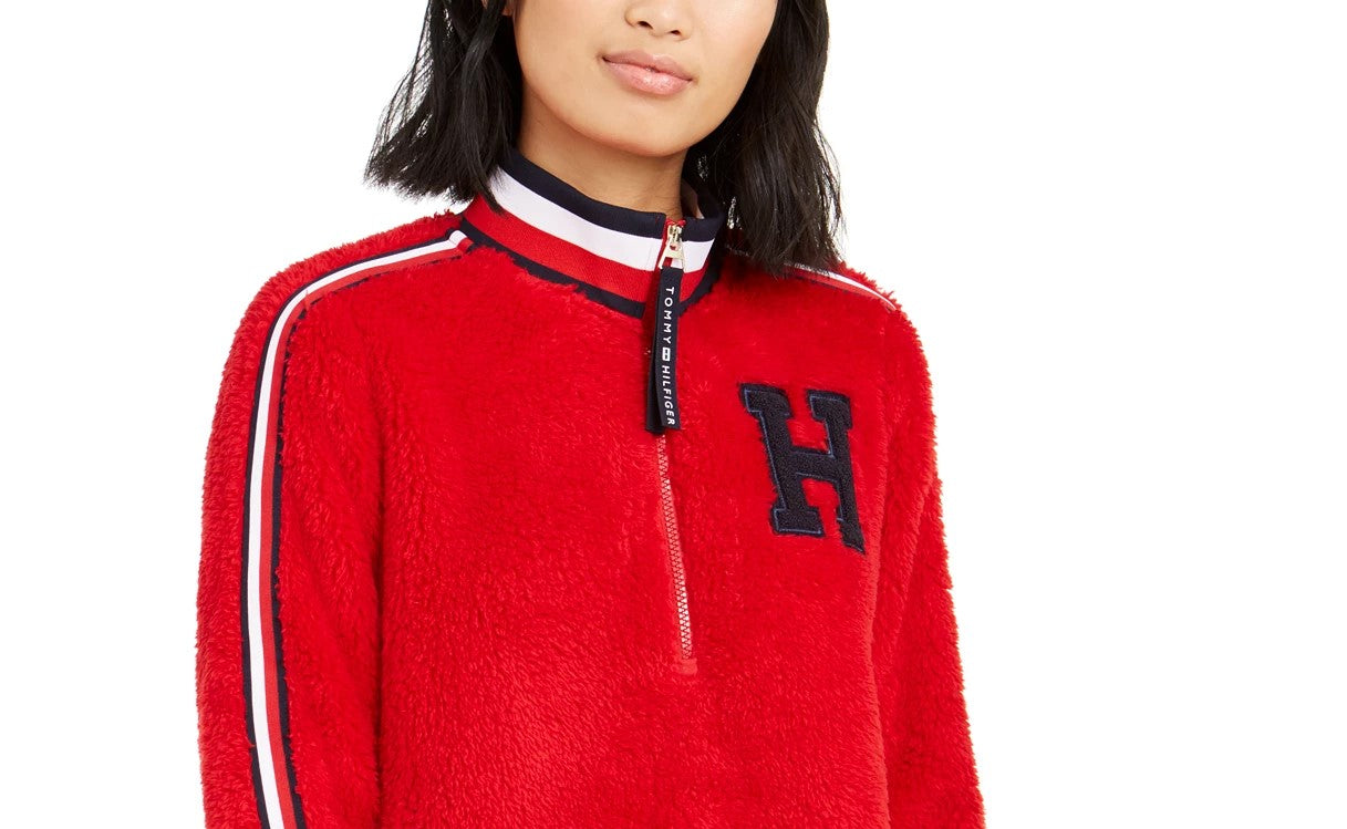 Tommy Hilfiger Moletom Sherpa Listrado Feminino Vermelho Tamanho X-G