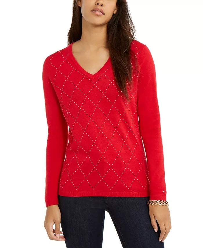 Tommy Hilfiger Suéter Feminino de Algodão Argyle com Tachas, Médio, Vermelho, Tamanho X-S