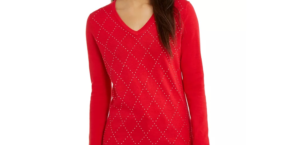 Tommy Hilfiger Suéter Feminino de Algodão Argyle com Tachas, Médio, Vermelho, Tamanho X-S