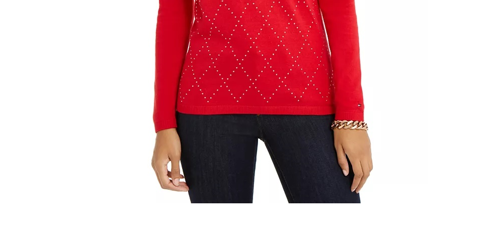 Tommy Hilfiger Suéter Feminino de Algodão Argyle com Tachas, Médio, Vermelho, Tamanho X-S
