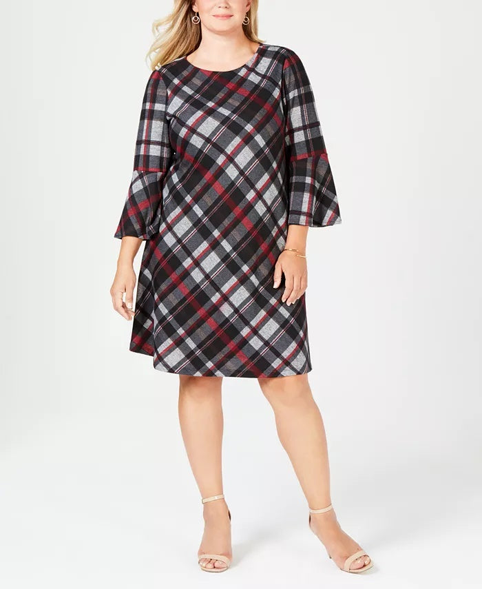 Vestido feminino plus size xadrez com manga sino Jessica Howard, cor carvão, tamanho 1X