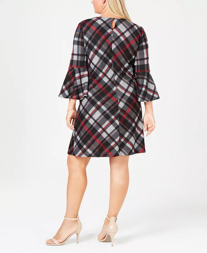 Vestido feminino plus size xadrez com manga sino Jessica Howard, cor carvão, tamanho 1X