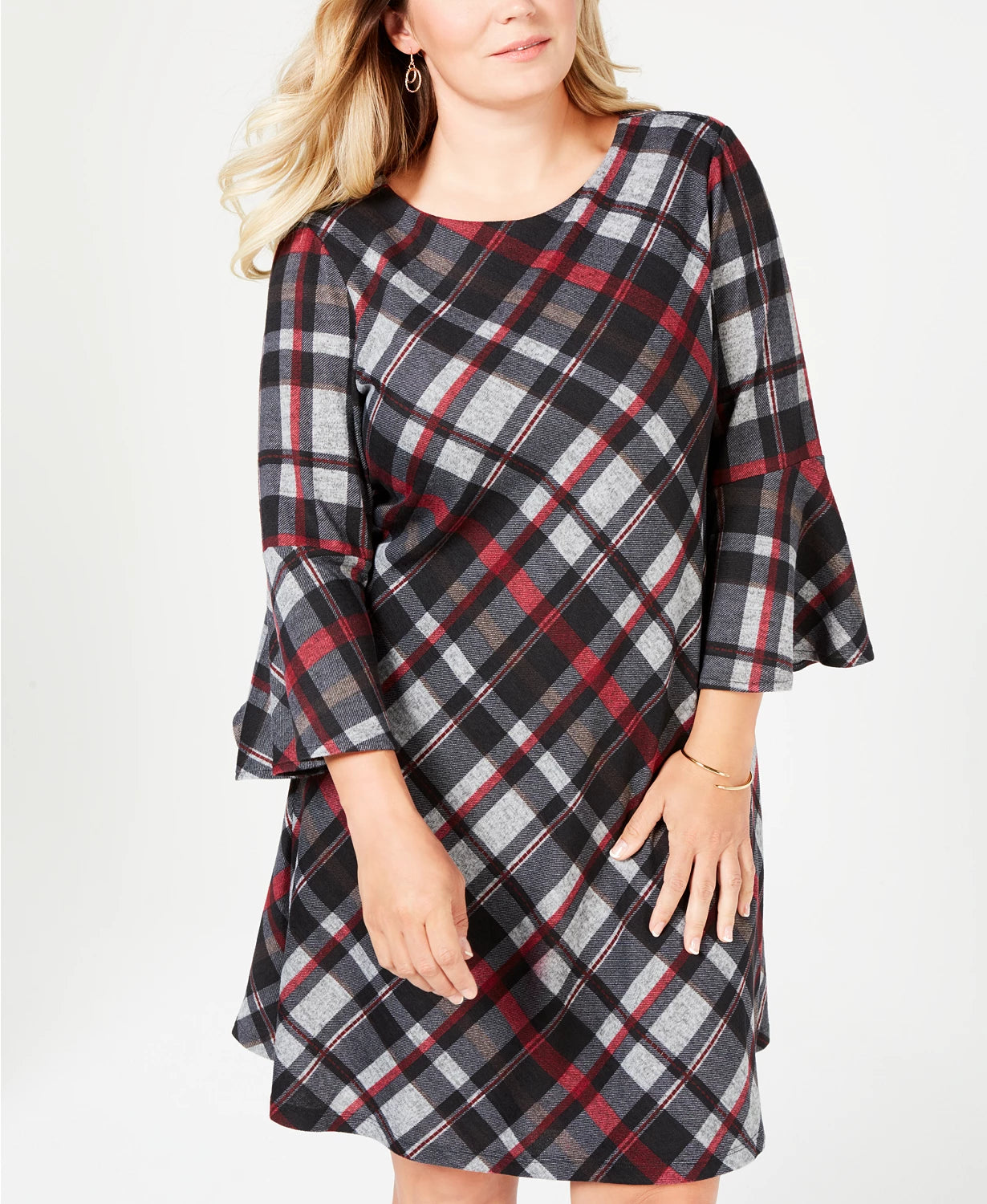 Vestido feminino plus size xadrez com manga sino Jessica Howard, cor carvão, tamanho 1X
