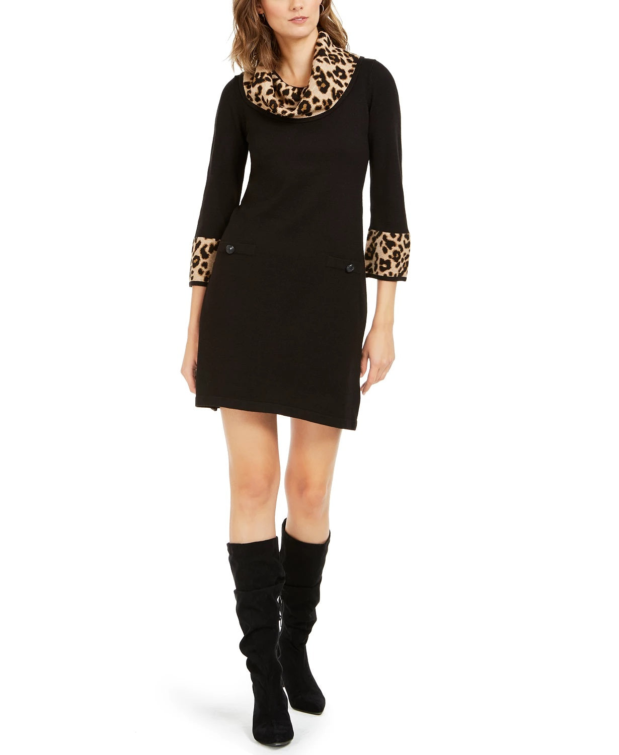 Vestido suéter feminino Jessica Howard com estampa animal e acabamento preto, tamanho extragrande