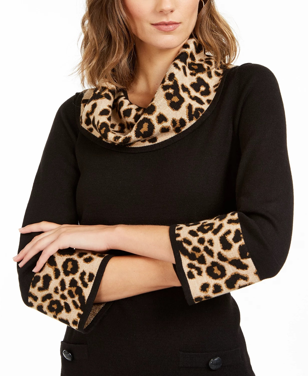 Vestido suéter feminino Jessica Howard com estampa animal e acabamento preto, tamanho extragrande