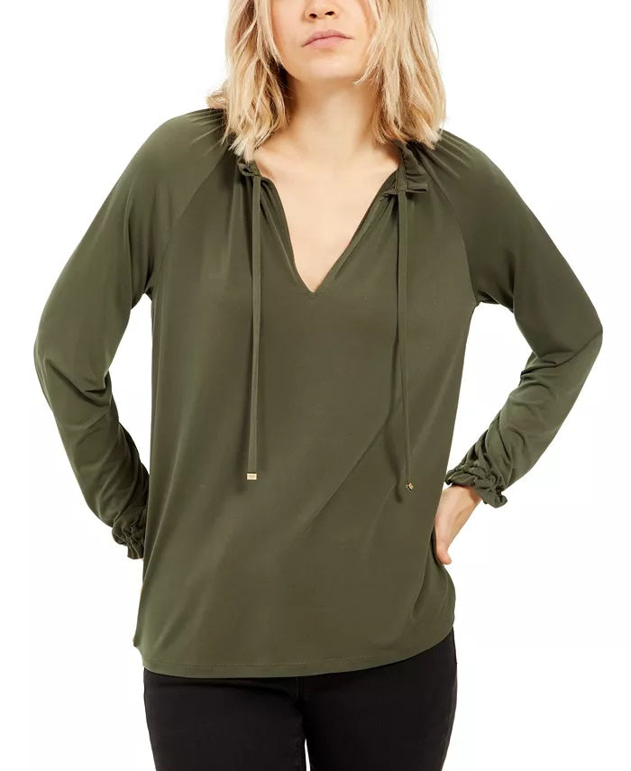 Blusa feminina Michael Kors com babados, manga comprida, gola V, verde, tamanho pequeno