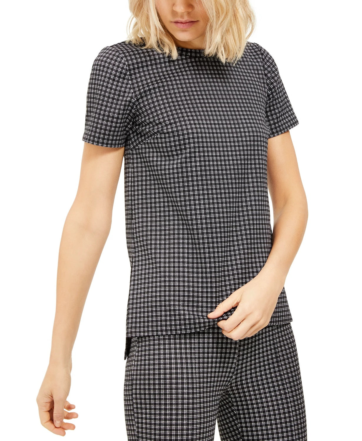 Blusa feminina Michael Kors preta xadrez, manga curta, gola redonda, tamanho grande, prateada