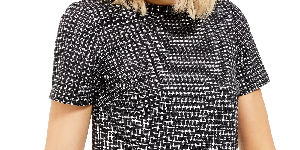 Blusa feminina Michael Kors preta xadrez, manga curta, gola redonda, tamanho grande, prateada