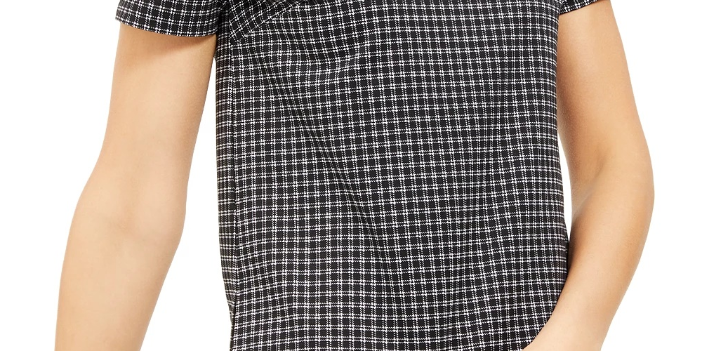 Blusa feminina Michael Kors preta xadrez, manga curta, gola redonda, tamanho grande, prateada
