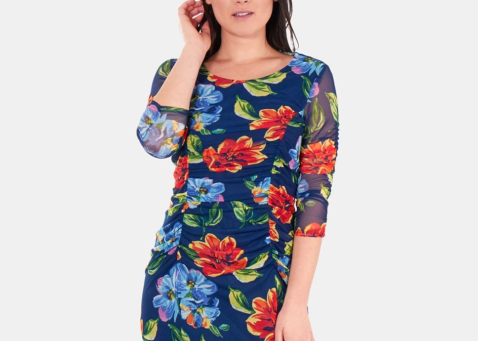Vestido longo feminino estampado com fenda dupla, azul marinho, tamanho extragrande, da NY Collection