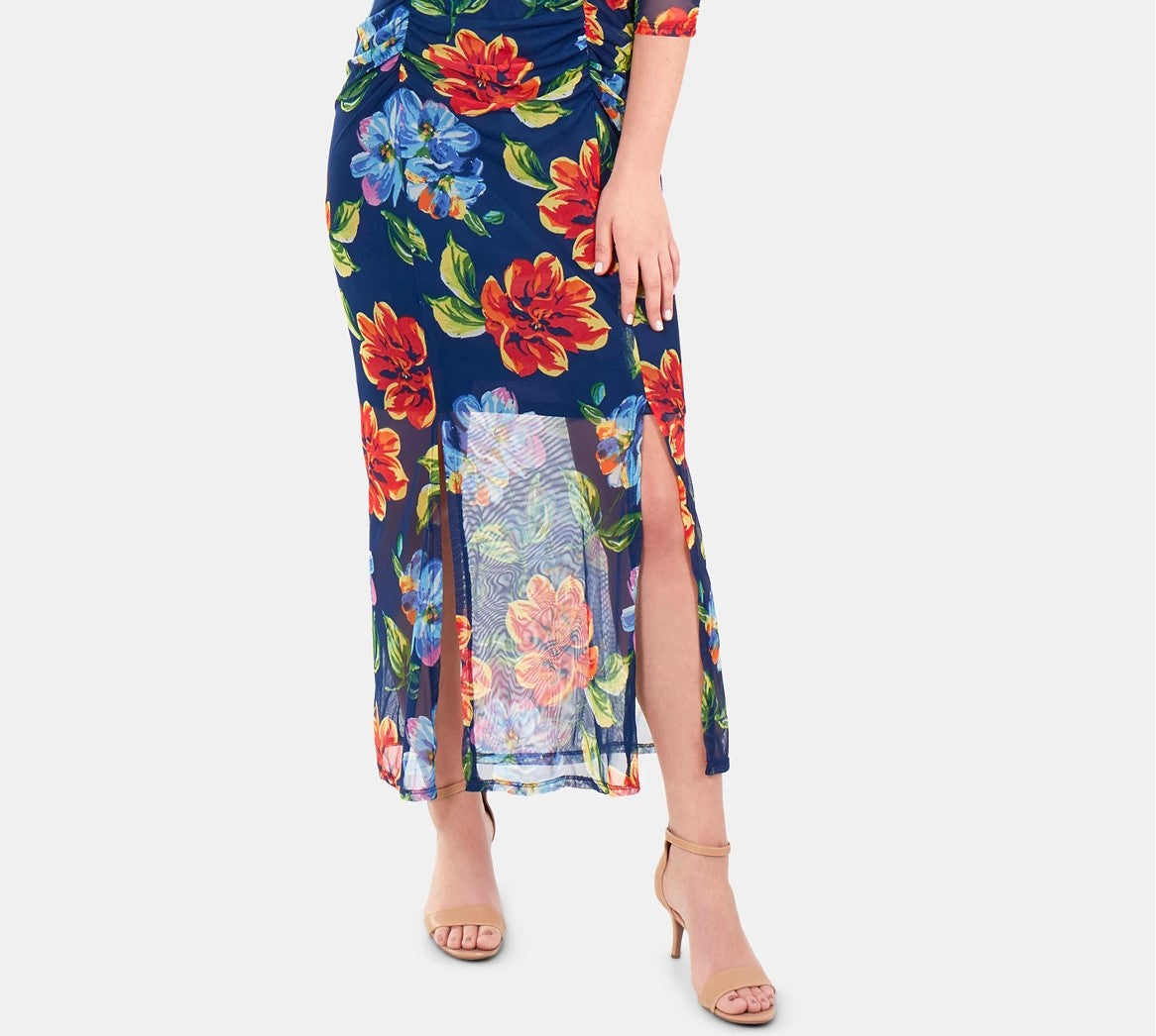 Vestido longo feminino estampado com fenda dupla, azul marinho, tamanho extragrande, da NY Collection