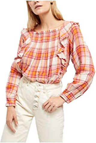 Blusa xadrez Siena com babados Free People feminina, marfim, tamanho médio