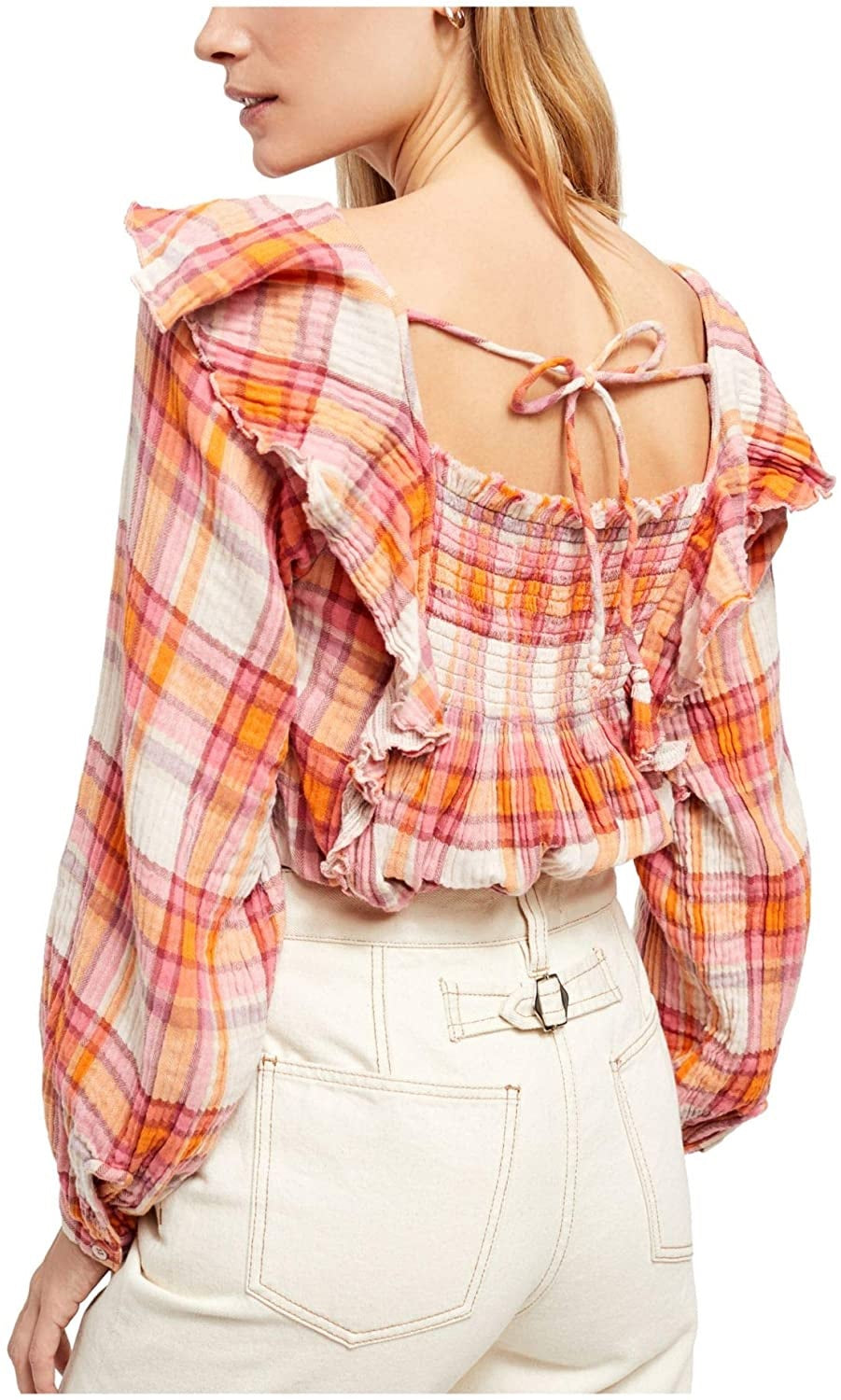 Blusa xadrez Siena com babados Free People feminina, marfim, tamanho médio