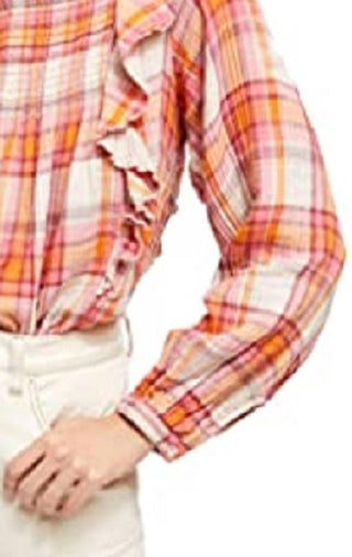 Blusa xadrez Siena com babados Free People feminina, marfim, tamanho médio