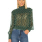 Free People Feminino Verde Estampado Manga Longa Gola Mandarim Peplum Verde Tamanho P