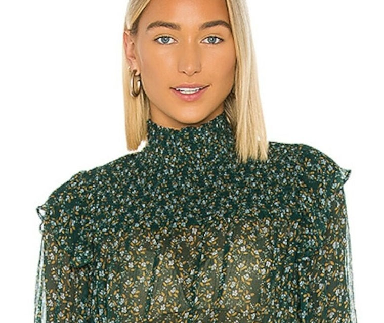 Free People Feminino Verde Estampado Manga Longa Gola Mandarim Peplum Verde Tamanho P