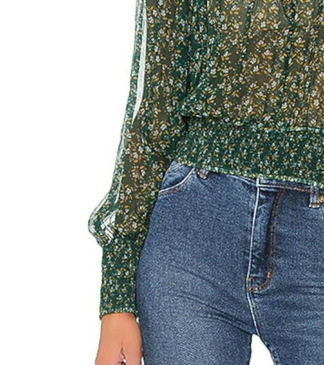 Free People Feminino Verde Estampado Manga Longa Gola Mandarim Peplum Verde Tamanho P
