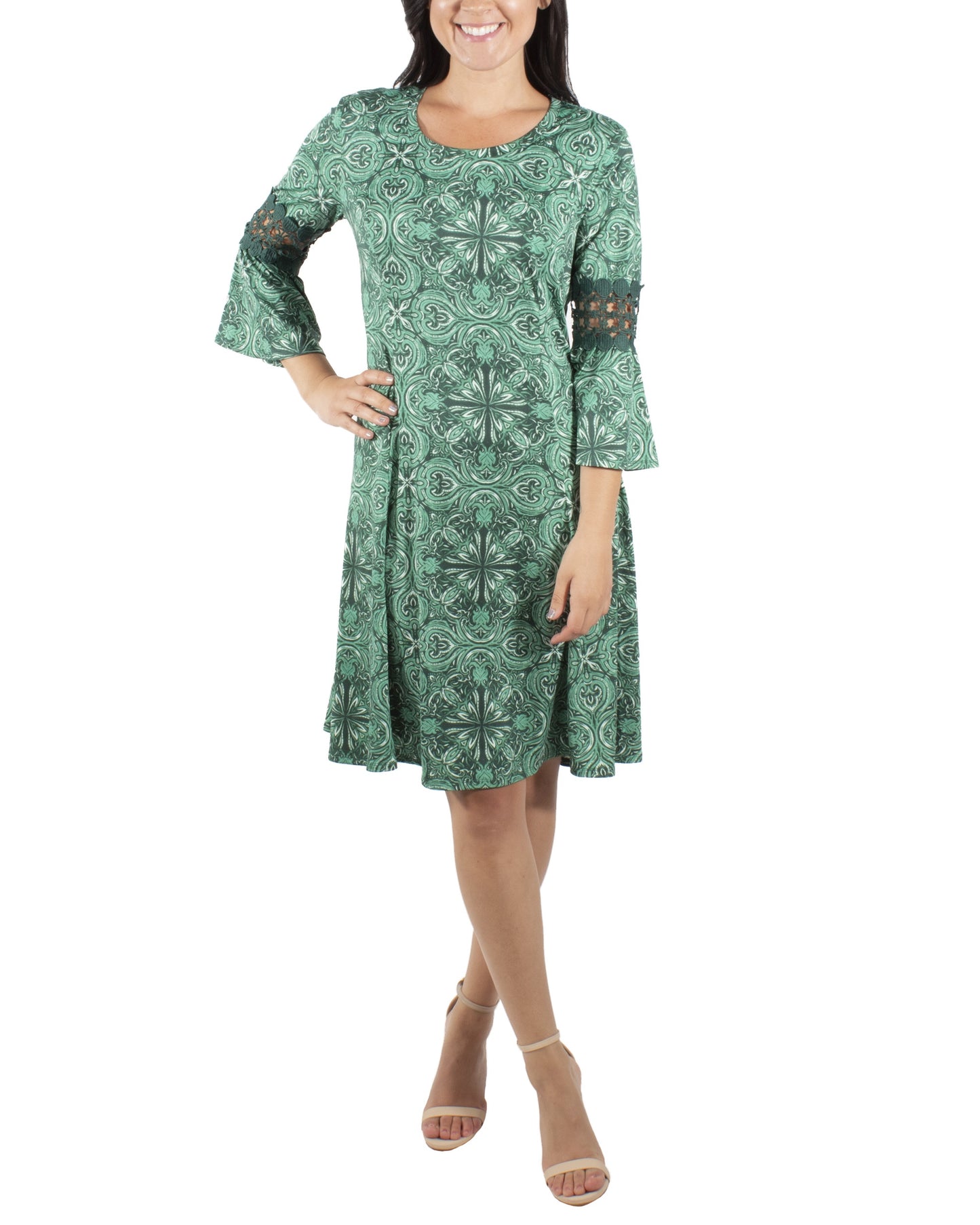 Vestido curto de crochê com manga sino e acabamento em crochê da coleção feminina NY, tamanho pequeno, verde