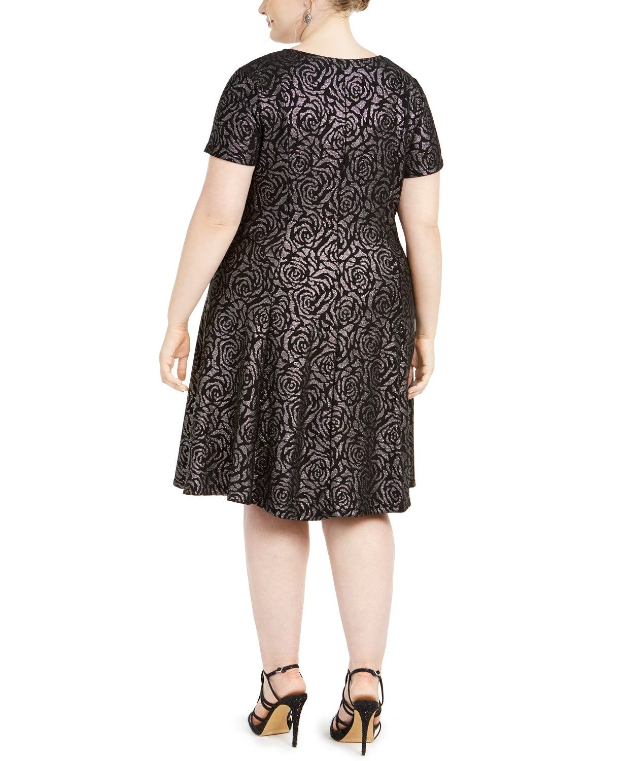 Vestido estampado com rosas metálicas Robbie Bee Plus para mulheres, preto, tamanho 1X