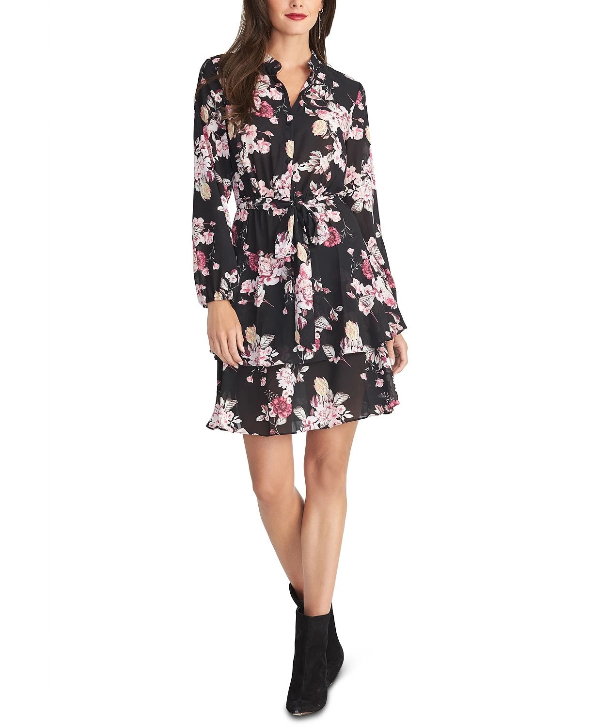 Vestido-camisa com cinto e estampa floral Ally, Rachel Roy, feminino, preto, tamanho pequeno