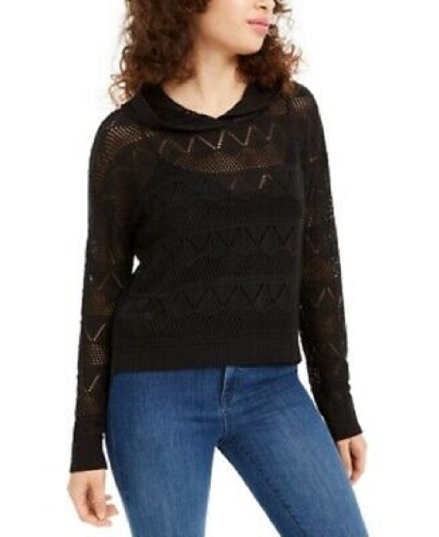 Suéter com capuz Ultra Flirt Juniors' Pointelle-Knit, preto, tamanho médio