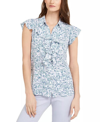 Blusa Calvin Klein Feminina Estampada Manga Curta Botões Babados Verde Tamanho P