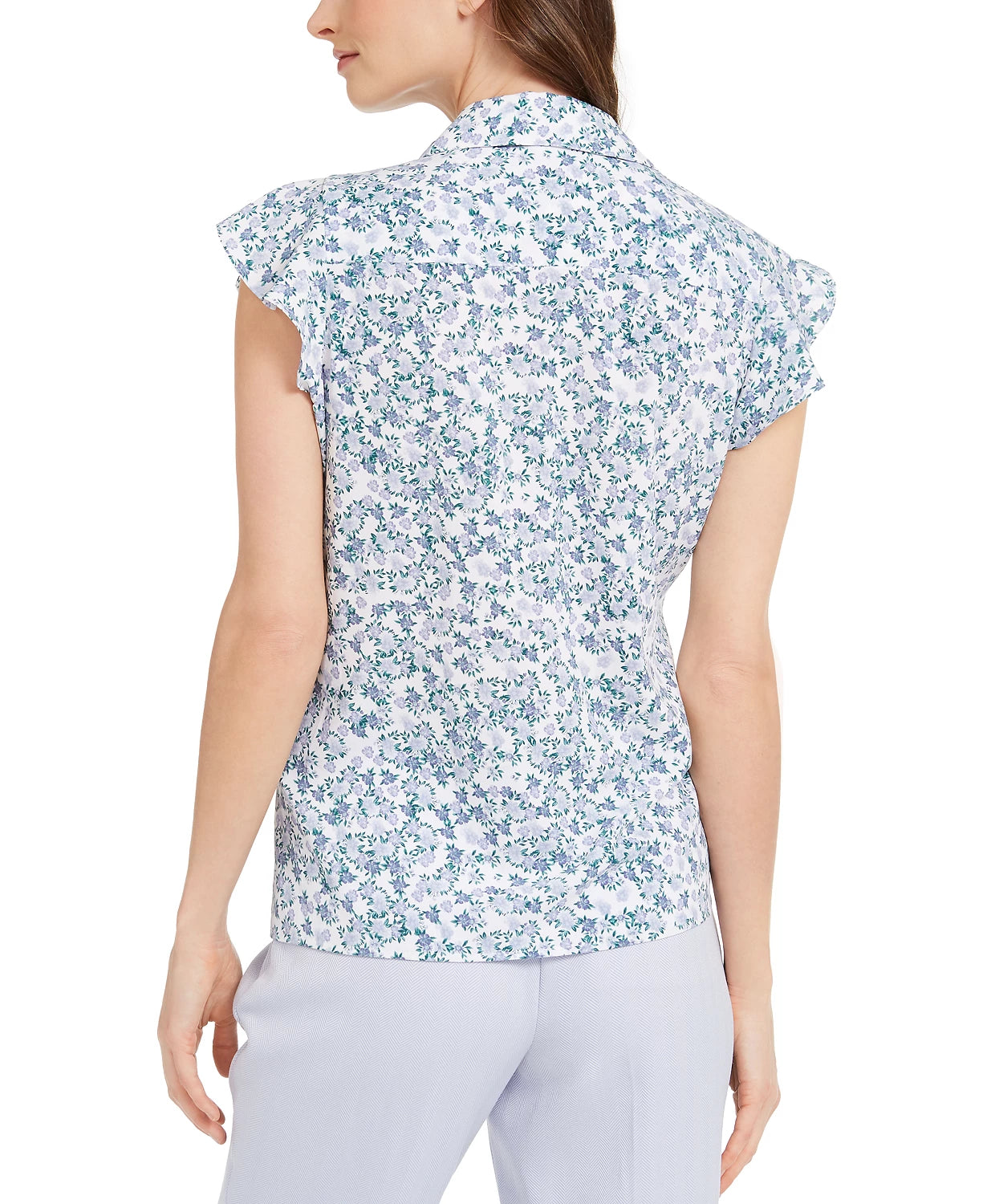 Blusa Calvin Klein Feminina Estampada Manga Curta Botões Babados Verde Tamanho P