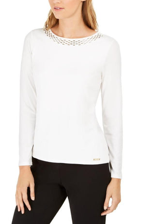 Blusa Calvin Klein Feminina com Gola Enfeitada, Branca, Tamanho Pequeno