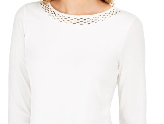 Blusa Calvin Klein Feminina com Gola Enfeitada, Branca, Tamanho Pequeno