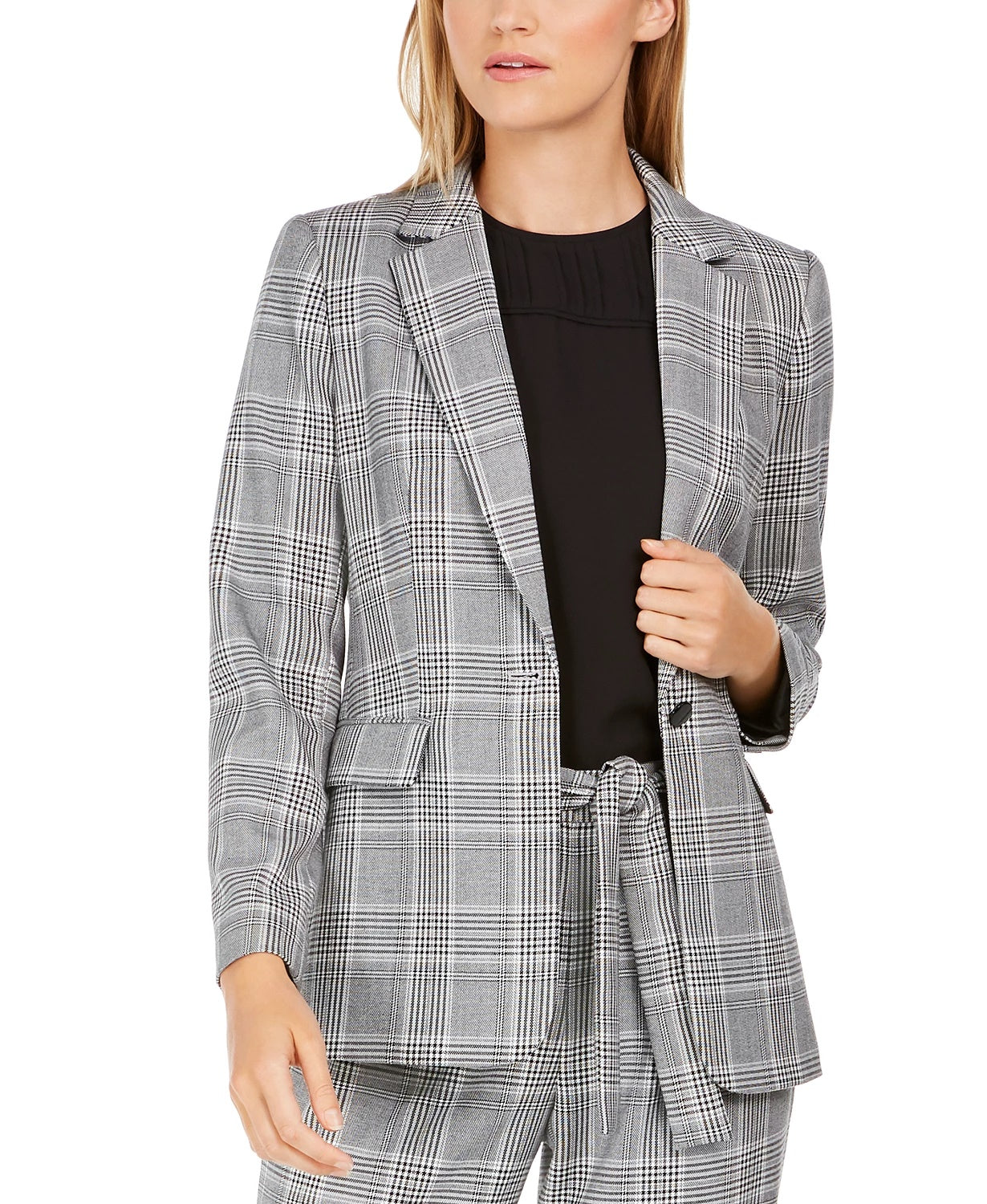 Calvin Klein Blazer Xadrez Feminino de Um Botão, Prata, Tamanho 12