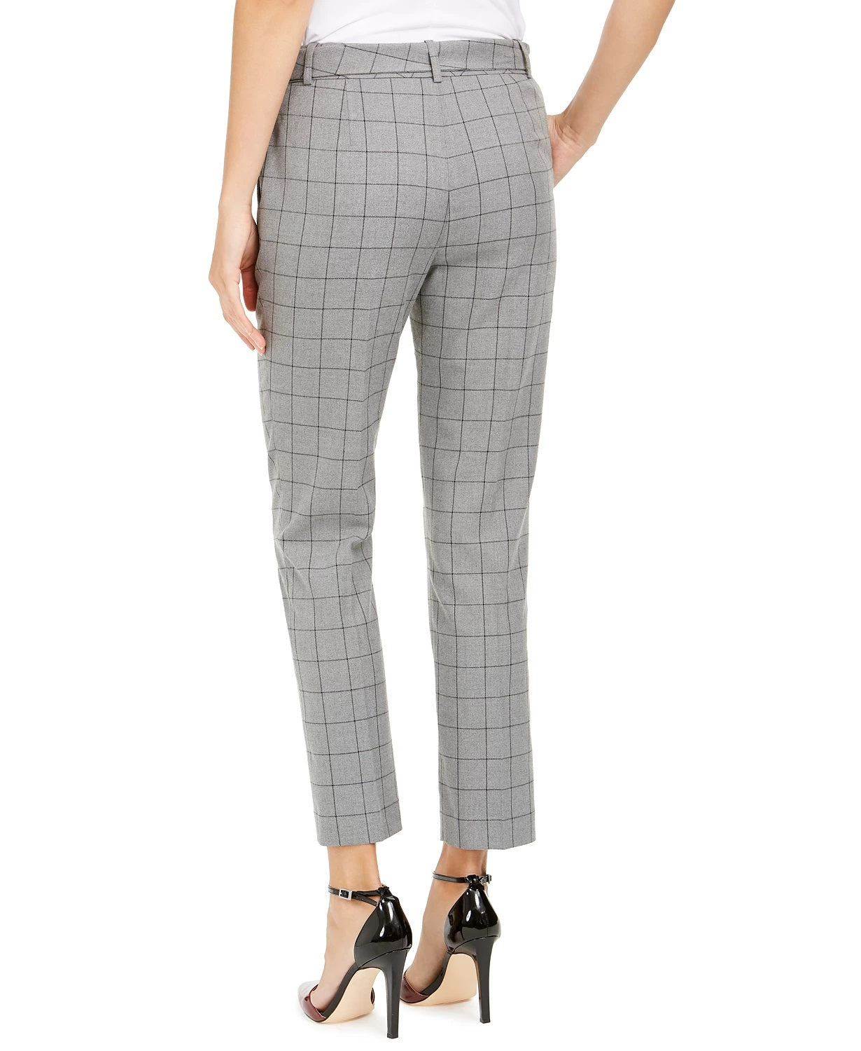 Calça Calvin Klein Feminina Estampada Windowpane com Cinto Cinza Tamanho 12