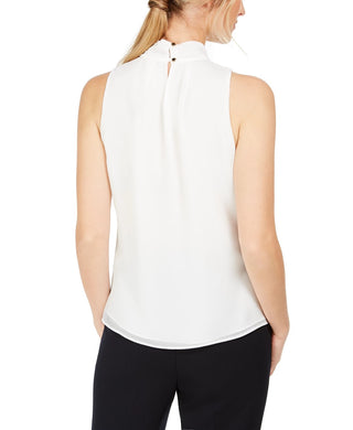 Blusa Calvin Klein Feminina Petite com Babados na Frente e Gola Alta, Branca, Tamanho P