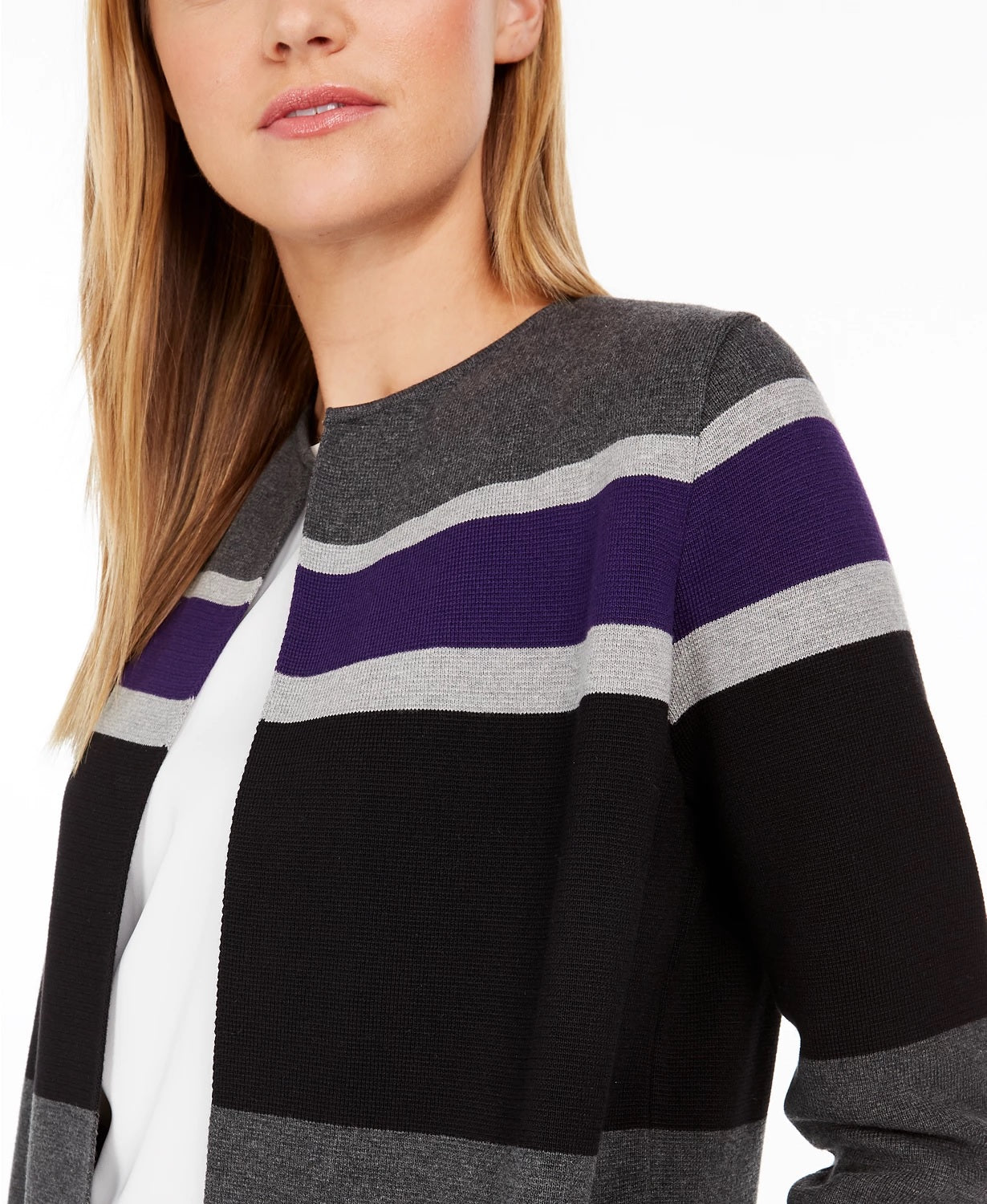 Calvin Klein Cardigan Feminino Listrado Pequeno Frente Aberta Cinza Tamanho X-G