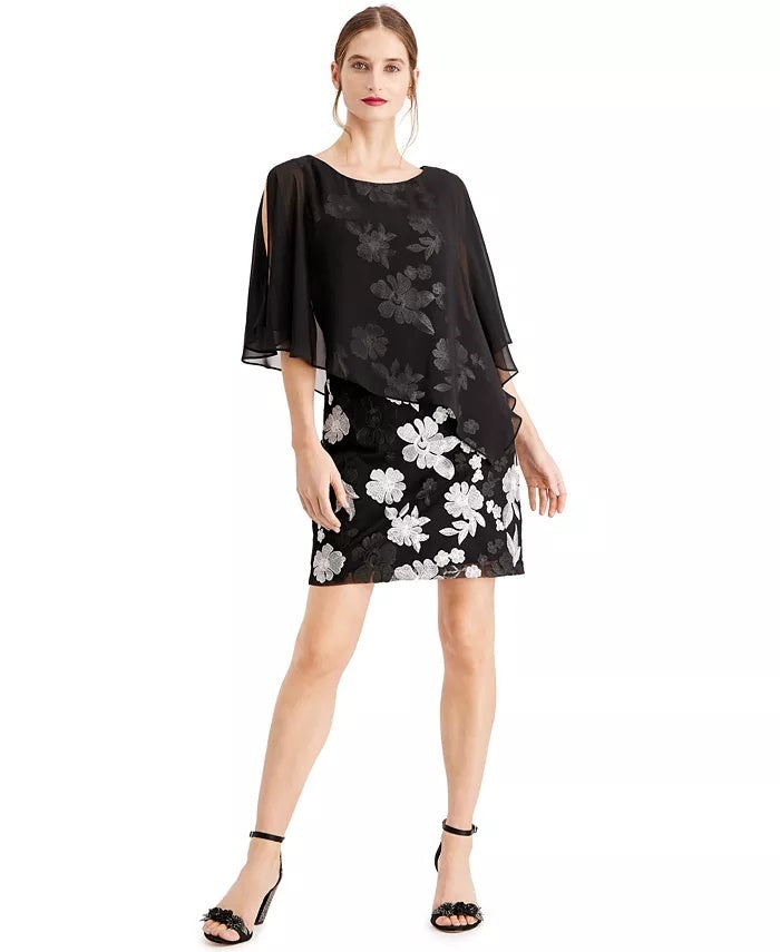 Vestido Capelet de Chiffon Bordado Feminino Connected Preto Tamanho 8