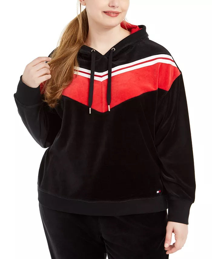 Tommy Hilfiger Sport Plus Size Chevron Velour Hoodie Sweatshirt Feminino Preto Tamanho 2X