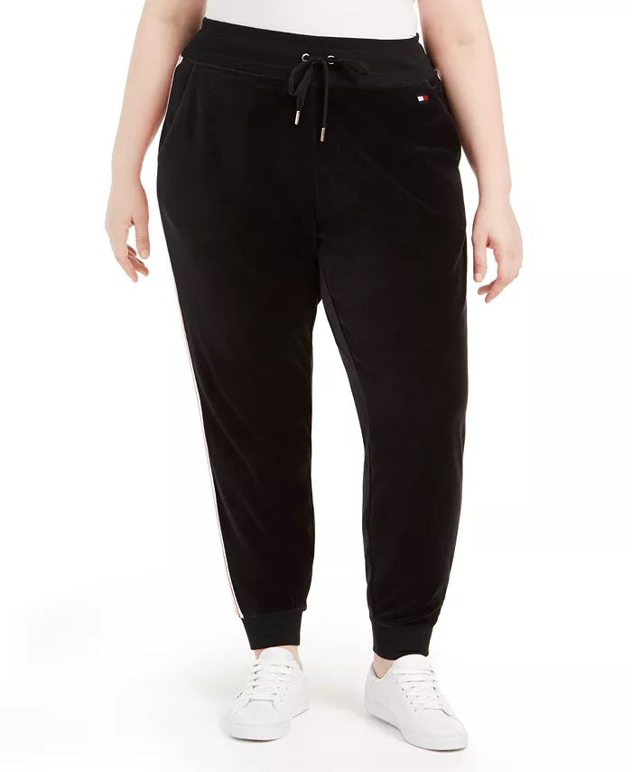 Calça jogger feminina Tommy Hilfiger Sport Plus Track Stripe Velour, preta, tamanho 2X