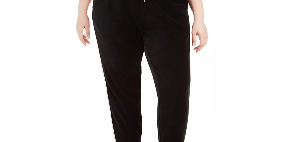 Calça jogger feminina Tommy Hilfiger Sport Plus Track Stripe Velour, preta, tamanho 2X