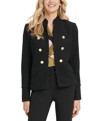Jaqueta militar feminina DKNY com gola alta e abotoamento duplo, preta, tamanho 12