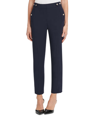 Calça social feminina DKNY com acabamento em botões, azul, tamanho 12