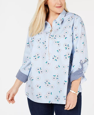 Tommy Hilfiger Plus Size Algodão Estampado Blusa Feminina Azul Brilhante Tamanho 2X