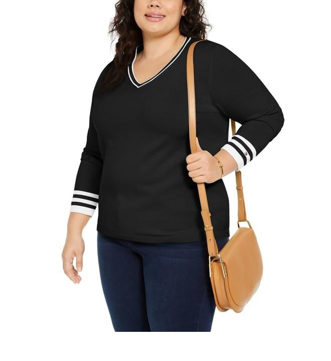 Tommy Hilfiger Suéter Feminino Plus Size Algodão Gola V Preto Tamanho 1X