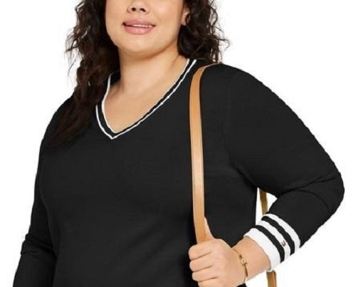 Tommy Hilfiger Suéter Feminino Plus Size Algodão Gola V Preto Tamanho 1X