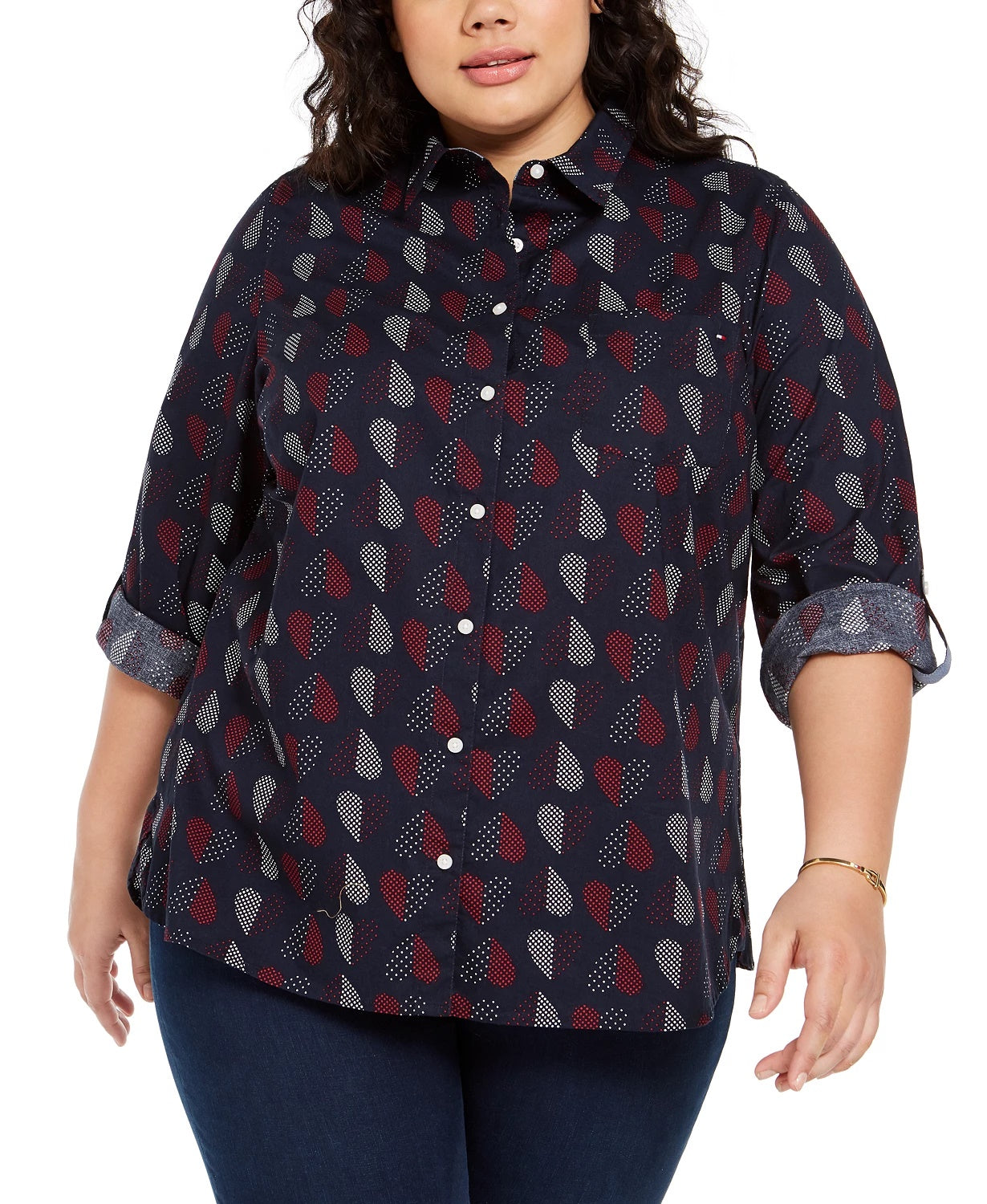 Camisa de algodão com estampa de bolinhas e corações Tommy Hilfiger Plus Size feminina, azul, tamanho 3X