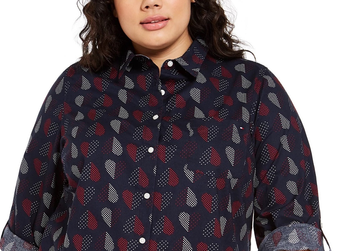 Camisa de algodão com estampa de bolinhas e corações Tommy Hilfiger Plus Size feminina, azul, tamanho 3X