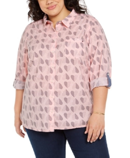 Camisa de algodão com estampa de bolinhas e corações Tommy Hilfiger Plus Size feminina, rosa, tamanho 3X