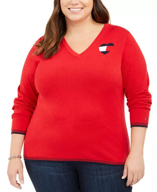 Suéter feminino Tommy Hilfiger Plus Cotton com logotipo de coração, vermelho, tamanho 1X