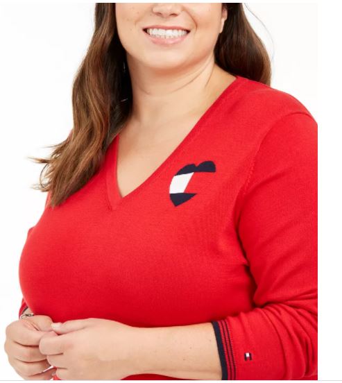 Suéter feminino Tommy Hilfiger Plus Cotton com logotipo de coração, vermelho, tamanho 2X