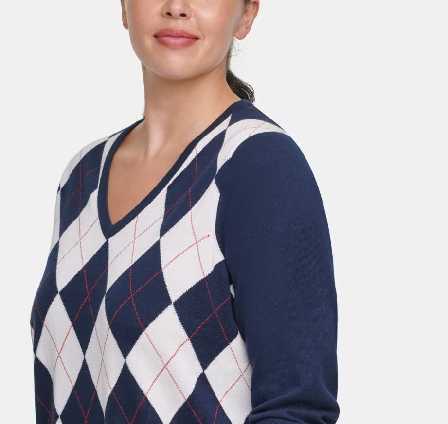 Suéter Tommy Hilfiger Plus Size Feminino Ivy Cotton Argyle Azul Tamanho 1X